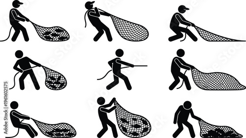 Homens puxando redes de pesca cheias de peixes em várias etapas da atividade.