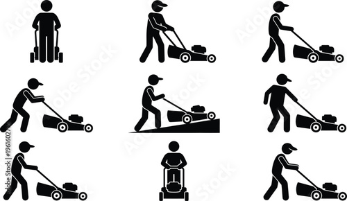 Várias ilustrações de pessoas usando cortadores de grama em diferentes posições e cenários.