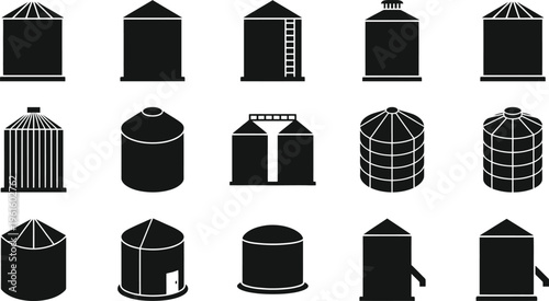 Silhuetas de silos e tanques de armazenamento para agricultura e indústria.