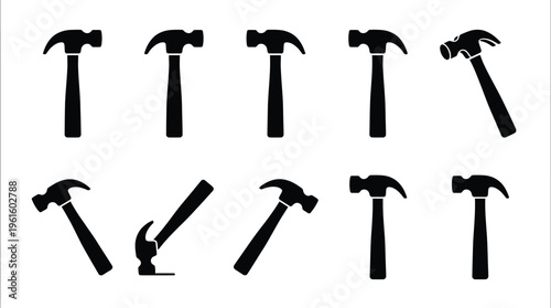 Dez silhuetas pretas de martelos de garra em várias posições sobre um fundo branco isolado.
