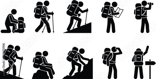 Conjunto de pictogramas de pessoas caminhando e fazendo trilhas com mochilas e bastões, explorando a natureza e montanhas.