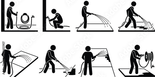 Instruções detalhadas sobre como usar uma mangueira de jardim para limpeza e organização.