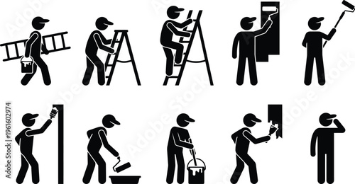 Pintores em várias poses e ações, incluindo carregar escadas, pintar paredes e tetos com rolos e pincéis.