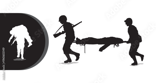 Soldiers in silhouette carrying a stretcher with a wounded comrade during a military operation