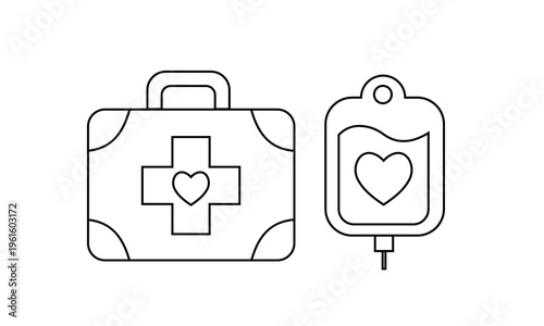 Medical aid and healthcare donation icon with first aid kit and blood bag for charity and hospital. Editable stroke, Vector illustration, Line art Icon, Symbols.
