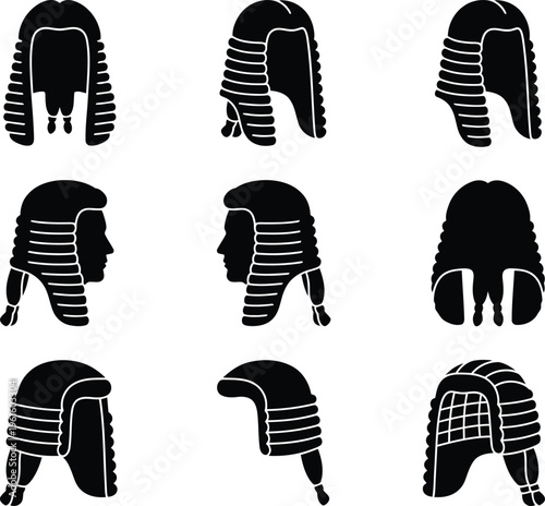 Silhuetas pretas de perucas de juízes e advogados em diferentes ângulos e estilos, representando o sistema legal.