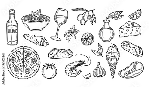 Hand drawn Italian cuisine doodles pizza pasta wine and desserts vector illustration isolated on white background