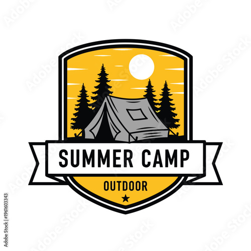 Vintage-style summer camping adventure emblem with tent, pine trees, and sun in outdoor setting illustration