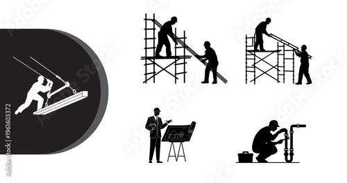 A collection of construction workers engaged in various tasks and activities on a building site