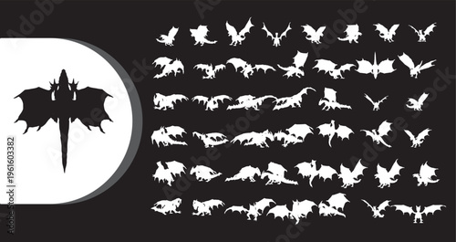 A collection of various bat silhouettes in white and black on a dark background