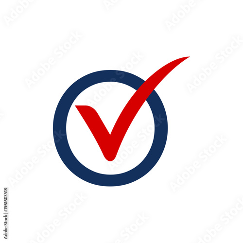 A vibrant red checkmark symbol inside a dark blue circular outline, signifying approval, completion, or correctness on a clean white background.