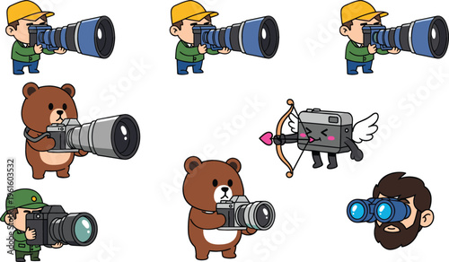 Hand-Drawn Cartoon Camera Vector Set Featuring Photographers, Bears with Cameras, Binoculars, and Camera with Wings for Photography, Wildlife, and Adventure Themes
