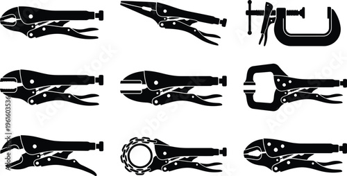 Silhuetas pretas de diversas ferramentas de aperto, incluindo alicates de pressão e grampos, dispostas em uma grade.