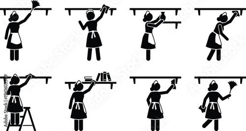 Mulher em avental limpando prateleiras e objetos com pano e espanador, ilustrações de tarefas domésticas.