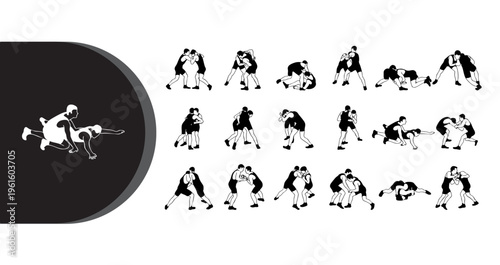 A collection of various martial arts poses and movements in black and white