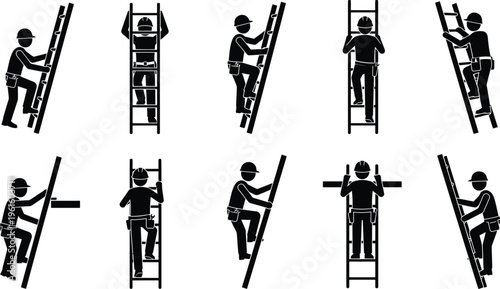 Várias figuras de pau de trabalhadores subindo escadas em diferentes posições e ângulos, alguns com capacetes e cintos de ferramentas.