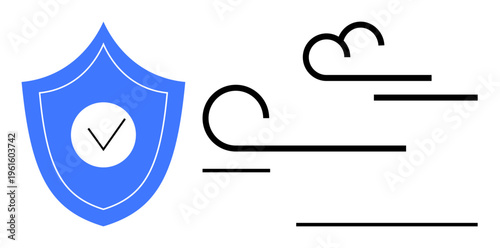 Data security, environmental protection, weather resistance, stability, insurance, safety. Blue shield with a checkmark and wind icon. Security and environmental protection concept