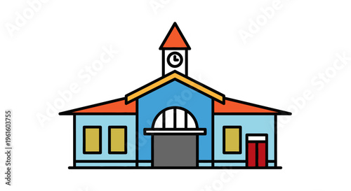Colorful school building with clock tower.