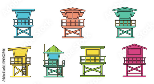Colorful lifeguard towers in various designs.