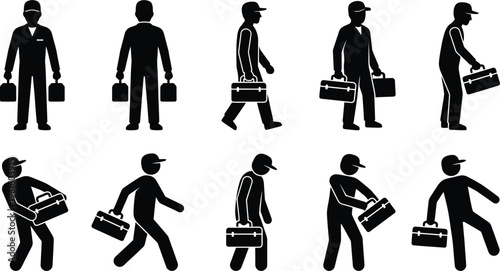 Silhuetas de um homem de negócios carregando uma pasta em várias poses e ações, representando trabalho e movimento.