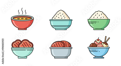 Variety of Asian noodle bowls food.