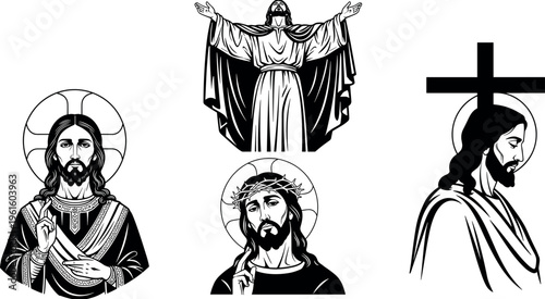 Jesus Christ Religious Vector Set Featuring Sacred Portraits, Cross Symbol, Blessing Pose, and Christian Spiritual Illustrations in Black and White Style