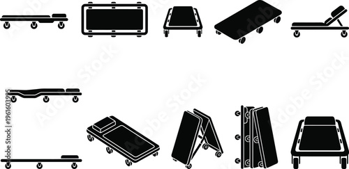 Ilustração vetorial de macas e padiolas médicas em diversas configurações e ângulos, com rodas para transporte de pacientes.