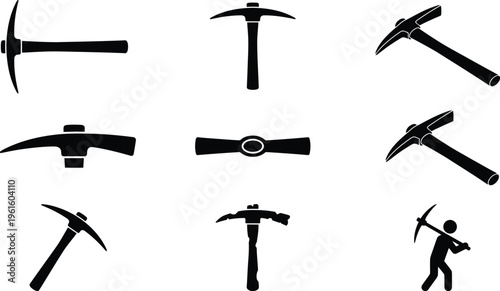 Coleção de silhuetas de picaretas e um mineiro, ilustrando ferramentas de mineração e construção em diversas poses.