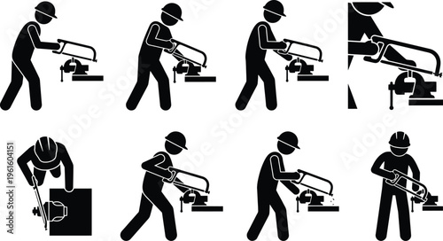 Ilustrações de trabalhadores usando serra manual e ferramentas em tarefas industriais.