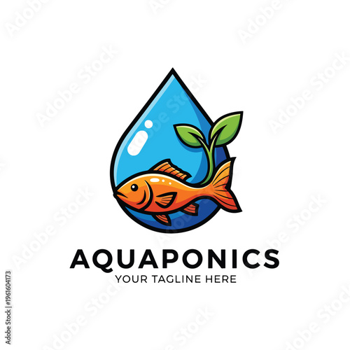 Aquaponics System Concept: Fish and Plant Growth in Water Drop Illustration