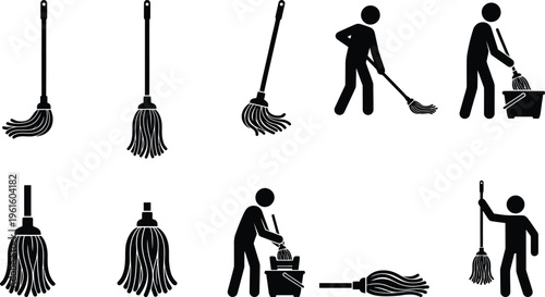 Ícones de esfregões e pessoas limpando o chão com baldes e esfregões.