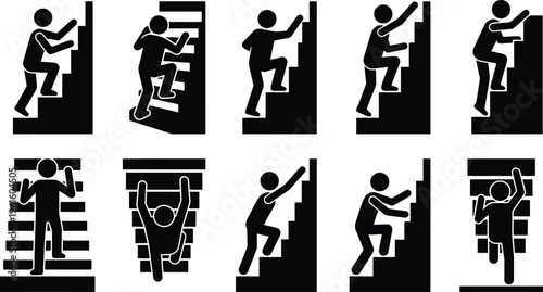 Várias silhuetas de pessoas subindo escadas, escalando paredes e superando obstáculos, representando esforço e progresso.