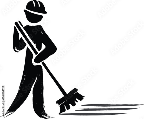 Black and white illustration of janitor sweeping floor with broom, worker wearing hard hat, cleaning service, maintenance, workplace safety concept