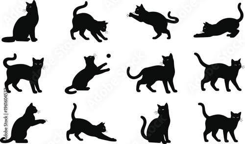 A collection of black cat silhouettes in various poses Vector