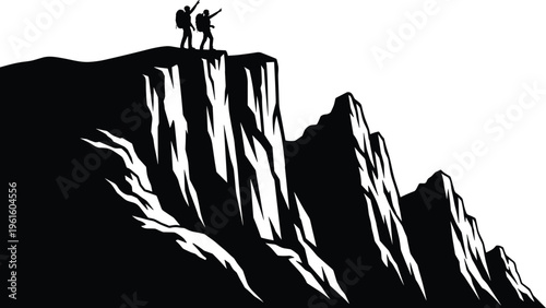 Silhouette of hikers standing on mountain cliff edge, adventure travel concept, trekking people exploring nature landscape, outdoor expedition vector illustration isolated on white background