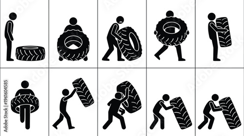 Homem levantando e movendo um pneu grande em várias etapas, ilustrando diferentes técnicas de manuseio de objetos pesados.