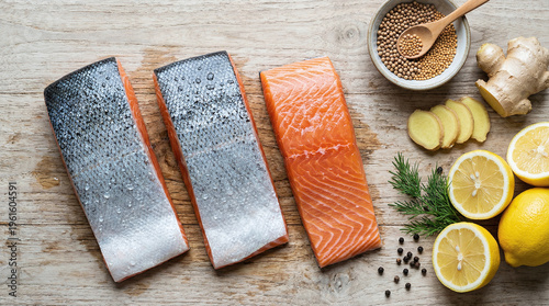 Fresh Raw Salmon Fillets with Lemon, Ginger, and Spices