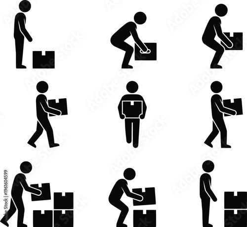 Ilustração de pictogramas mostrando diferentes estágios e técnicas de levantamento e transporte de caixas, enfatizando a segurança no trabalho e ergonomia.