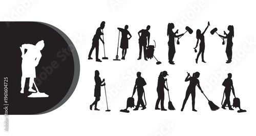 A collection of silhouetted people engaged in various cleaning activities with brooms and mops