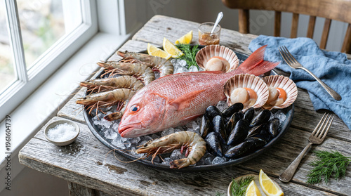 Fresh Seafood Medley: Red Snapper, Prawns, and Scallops on Ice