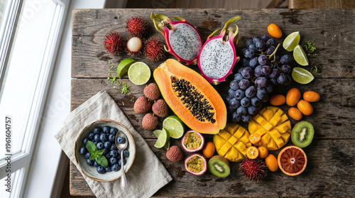 Tropical Fruit Medley: Exquisite Flat Lay of Exotic Fruits