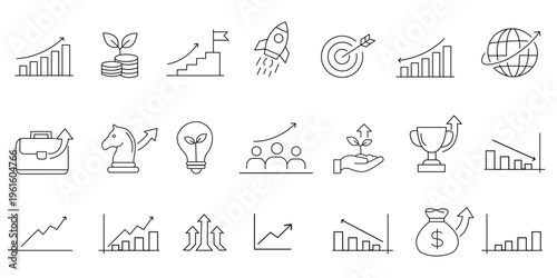 Growth icon set. Containing arrow up, growing graph, business chart icons. Vector illustration.