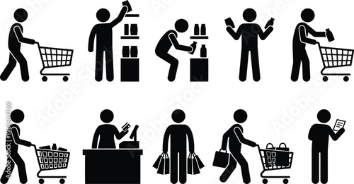 Pessoas fazendo compras em um supermercado, com carrinhos e sacolas, realizando diversas atividades.