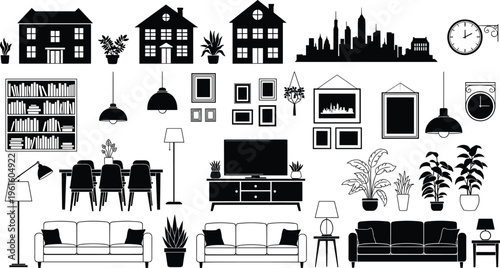 Modern home interior silhouettes, minimalist furniture, stylish decor, indoor plants, pendant lights, bookshelf, dining table, sofa, lamps, wall art, city skyline