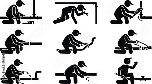 배관공이 다양한 도구를 사용하여 파이프를 설치하고 수리하는 모습.