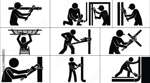 배관공들이 다양한 자세로 파이프를 설치하고 수리하는 작업 모습.