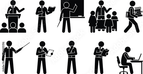 Conjunto de pictogramas de figuras de palito representando professores, alunos e profissionais em várias atividades educacionais e de escritório.