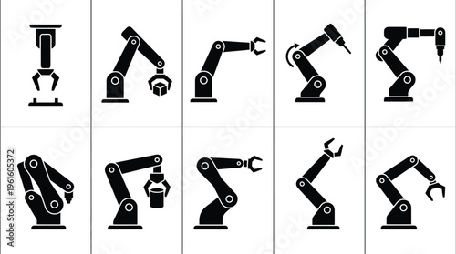 다양한 산업용 로봇 팔 실루엣 아이콘 세트, 자동화 및 제조 기술을 상징.