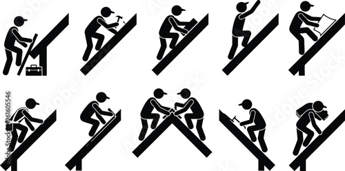 지붕 건설 및 수리 작업을 하는 사람들의 다양한 활동을 묘사한 픽토그램 세트.