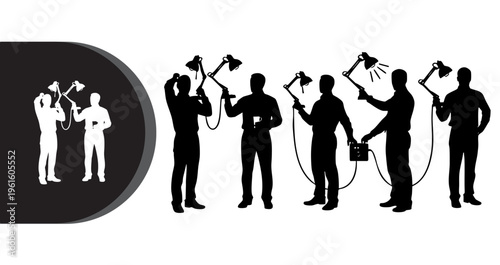 A group of silhouetted workers using various power tools in different poses on a white background